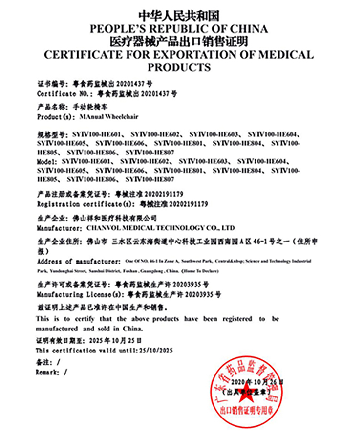 Certificate for exportation of medical products